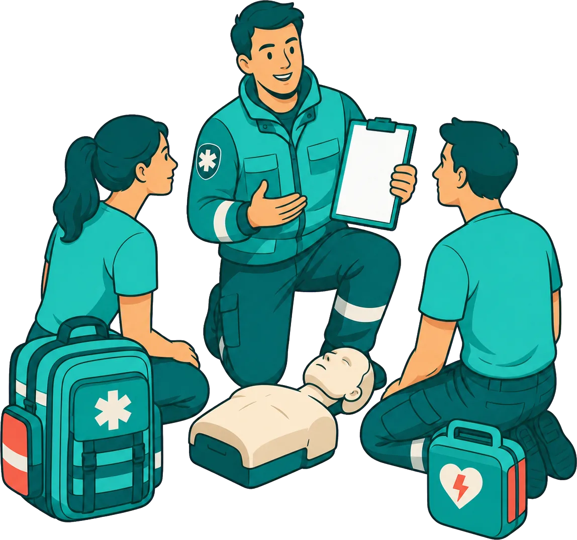 Ausbilder in Rettungsdienstkleidung erklärt zwei Teilnehmenden die Wiederbelebung an der Übungspuppe, daneben Notfallrucksack und AED.