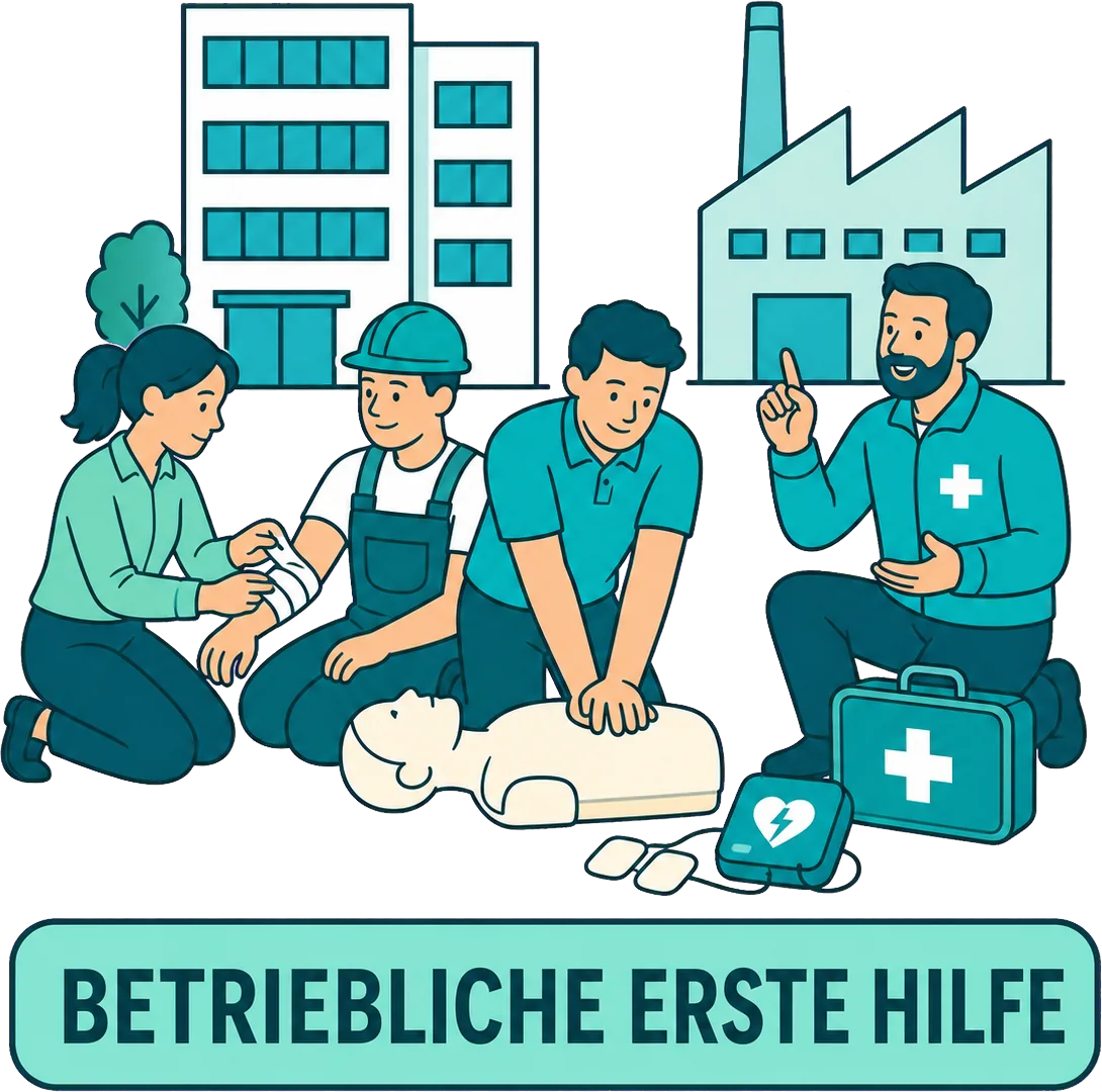 Beschaeftigte ueben Verband, Herzdruckmassage und AED vor einem Betriebsgelaende. Bildbeschriftung: Betriebliche Erste Hilfe.