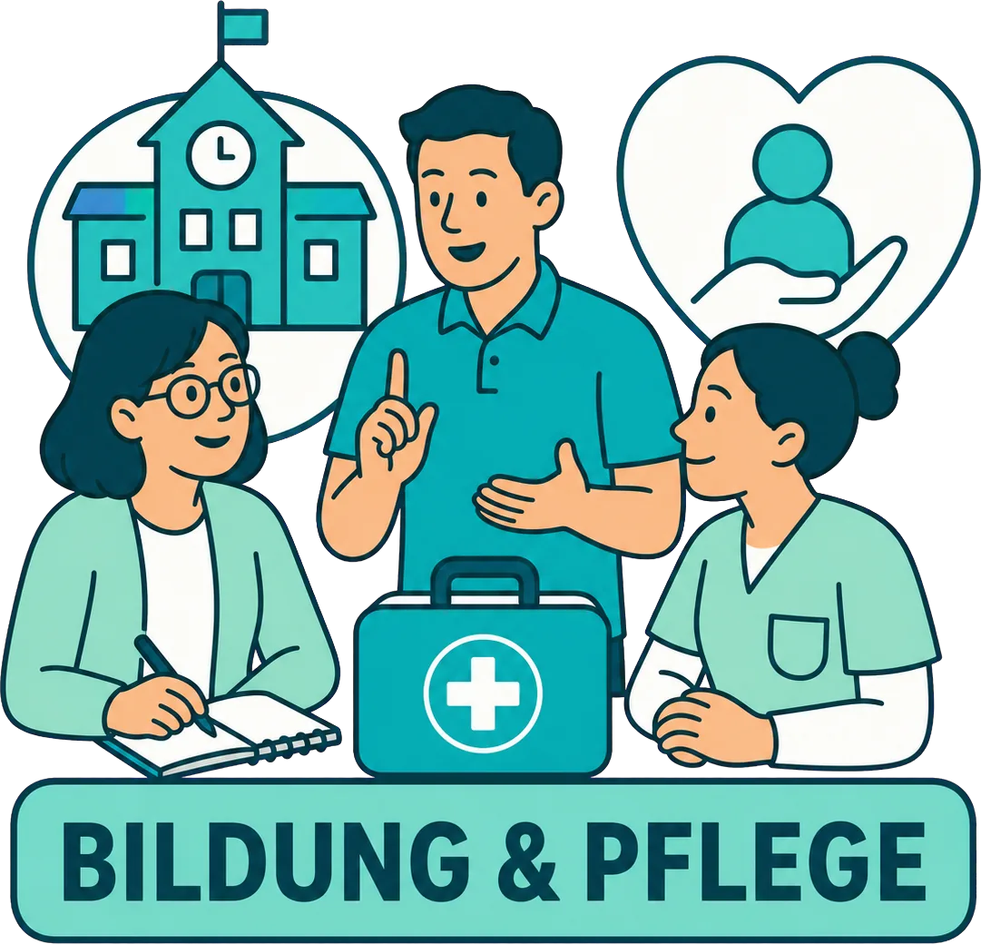 Lehrkraft, Erzieherin und Pflegekraft im Gespräch vor Schulgebäude und Betreuungssymbol, in der Mitte ein Erste-Hilfe-Koffer. Bildbeschriftung: Bildung & Pflege.