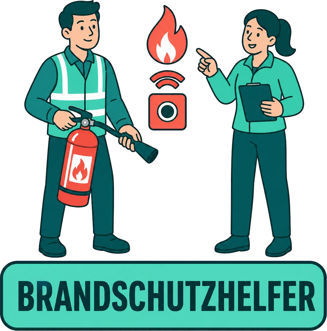 Ein Mann übt mit dem Feuerlöscher, eine Kollegin zeigt auf Flamme und Brandmelder. Bildbeschriftung: Brandschutzhelfer.