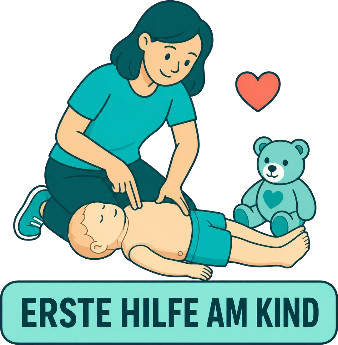 Mutter übt die Herzdruckmassage an einer Baby-Übungspuppe, daneben sitzt ein Teddybär. Bildbeschriftung: Erste Hilfe am Kind.