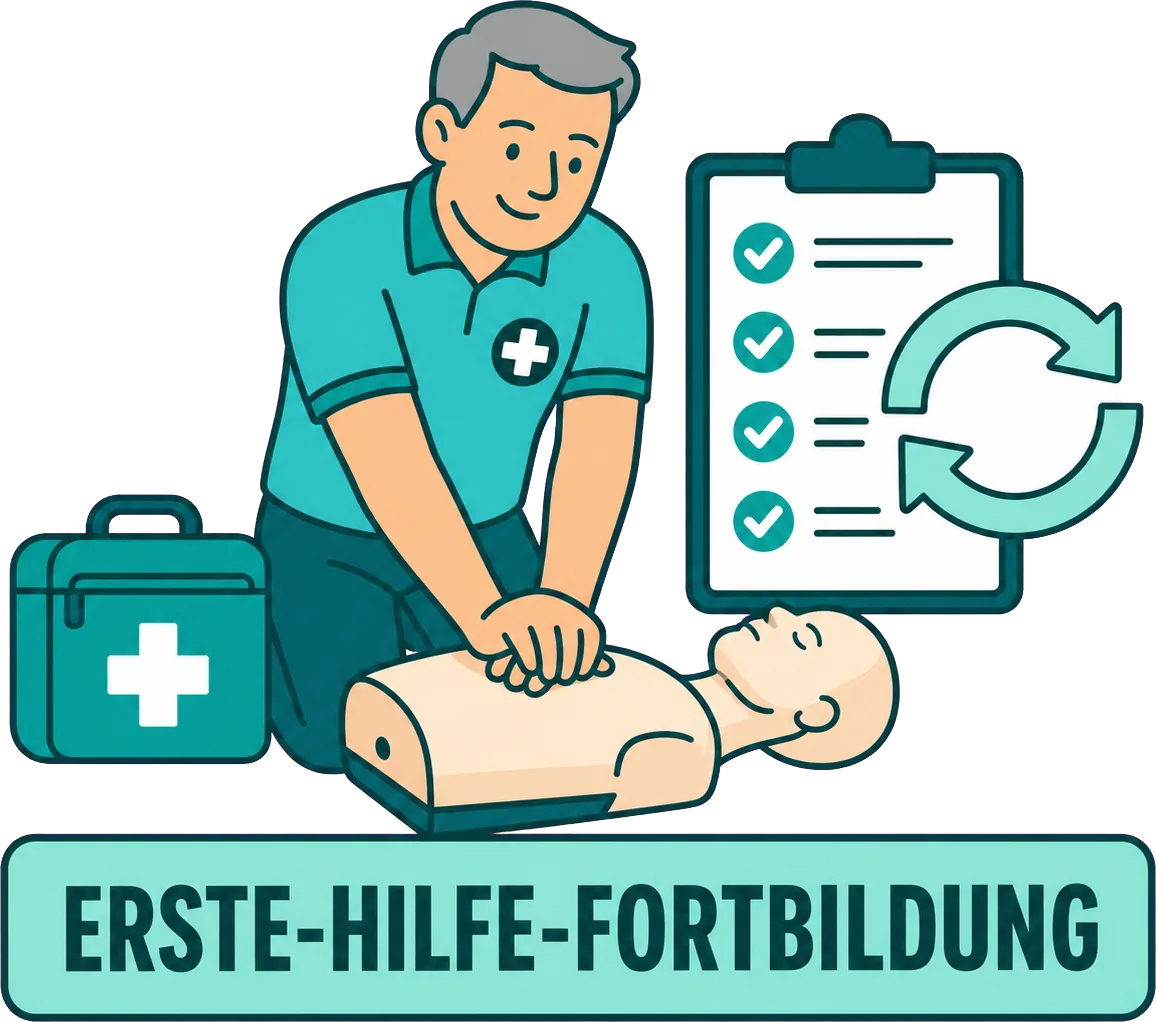 Ausbilder übt die Herzdruckmassage an einer Reanimationspuppe, daneben eine Checkliste mit Wiederholungspfeilen. Bildbeschriftung: Erste-Hilfe-Fortbildung.