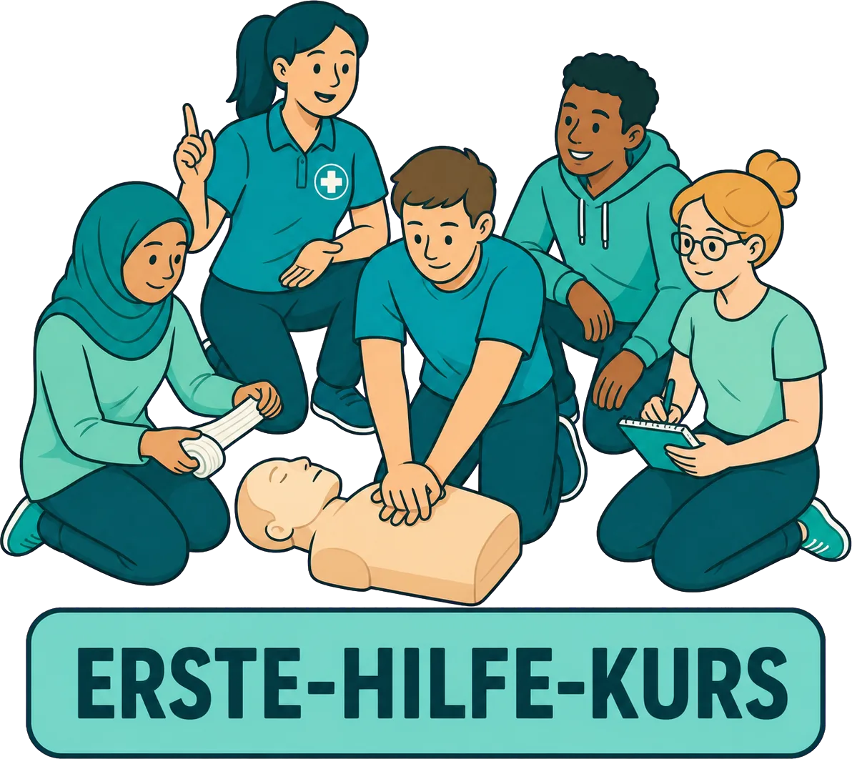 Kursgruppe übt gemeinsam mit einer Ausbilderin an einer Reanimationspuppe, eine Teilnehmerin macht Notizen. Bildbeschriftung: Erste-Hilfe-Kurs.
