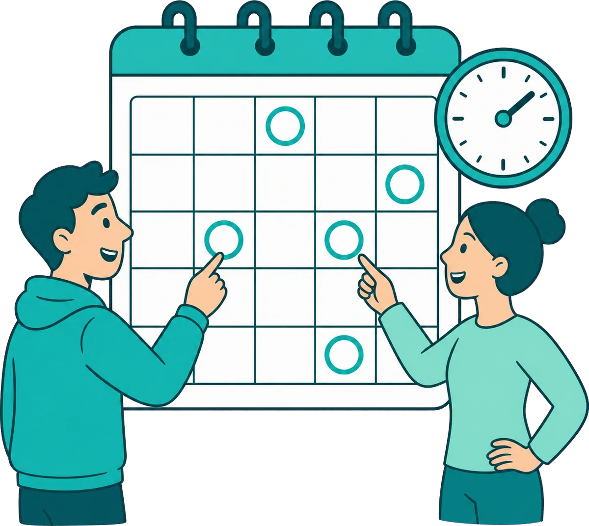 Zwei Personen stehen vor einem grossen Wandkalender und zeigen auf freie Kurstermine.