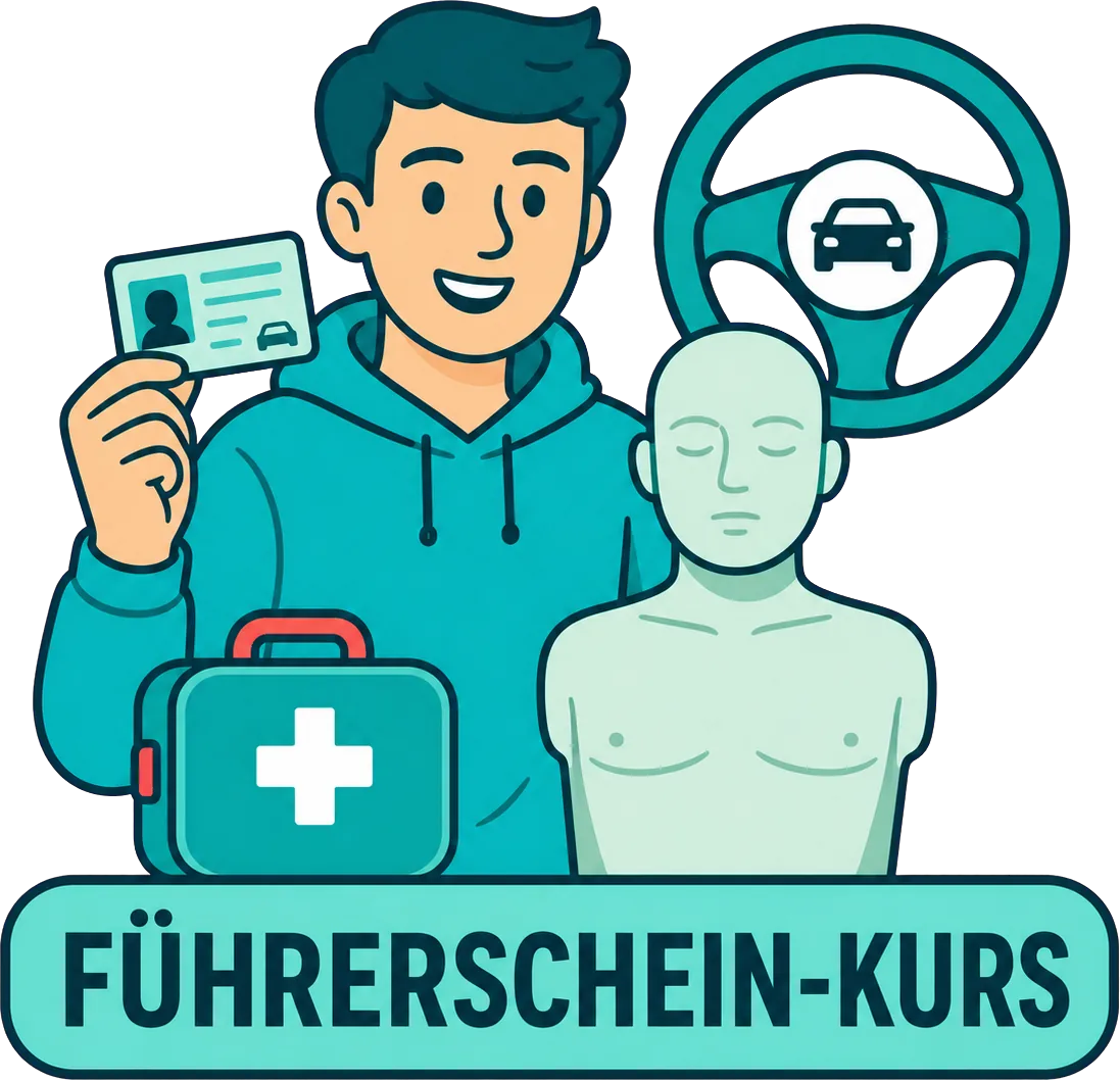Kursteilnehmer hält seinen Führerschein hoch, daneben Lenkrad, Erste-Hilfe-Koffer und Übungspuppe. Bildbeschriftung: Führerschein-Kurs.