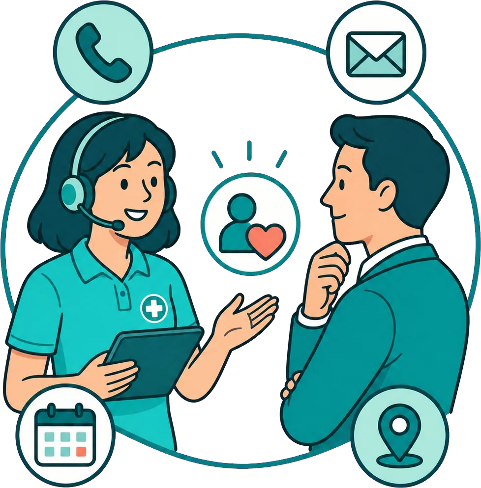 Mitarbeiterin mit Headset berät einen Kunden, ringsum Symbole für Telefon, E-Mail, Kalender und Standort.