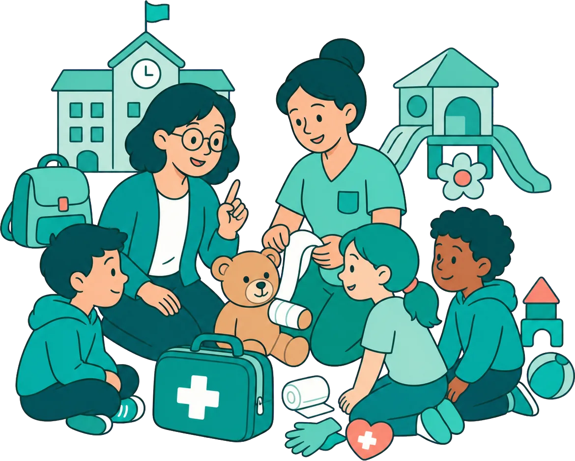 Lehrkraft und Erzieherin ueben mit Kindern das Verbinden an einem Teddybaeren, davor ein Erste-Hilfe-Koffer.
