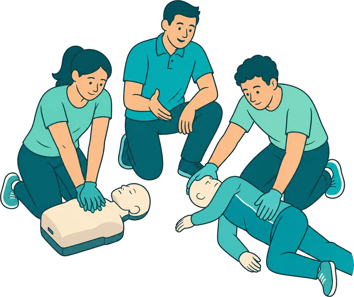 Drei Teilnehmende ueben Herzdruckmassage an der Puppe und die stabile Seitenlage.