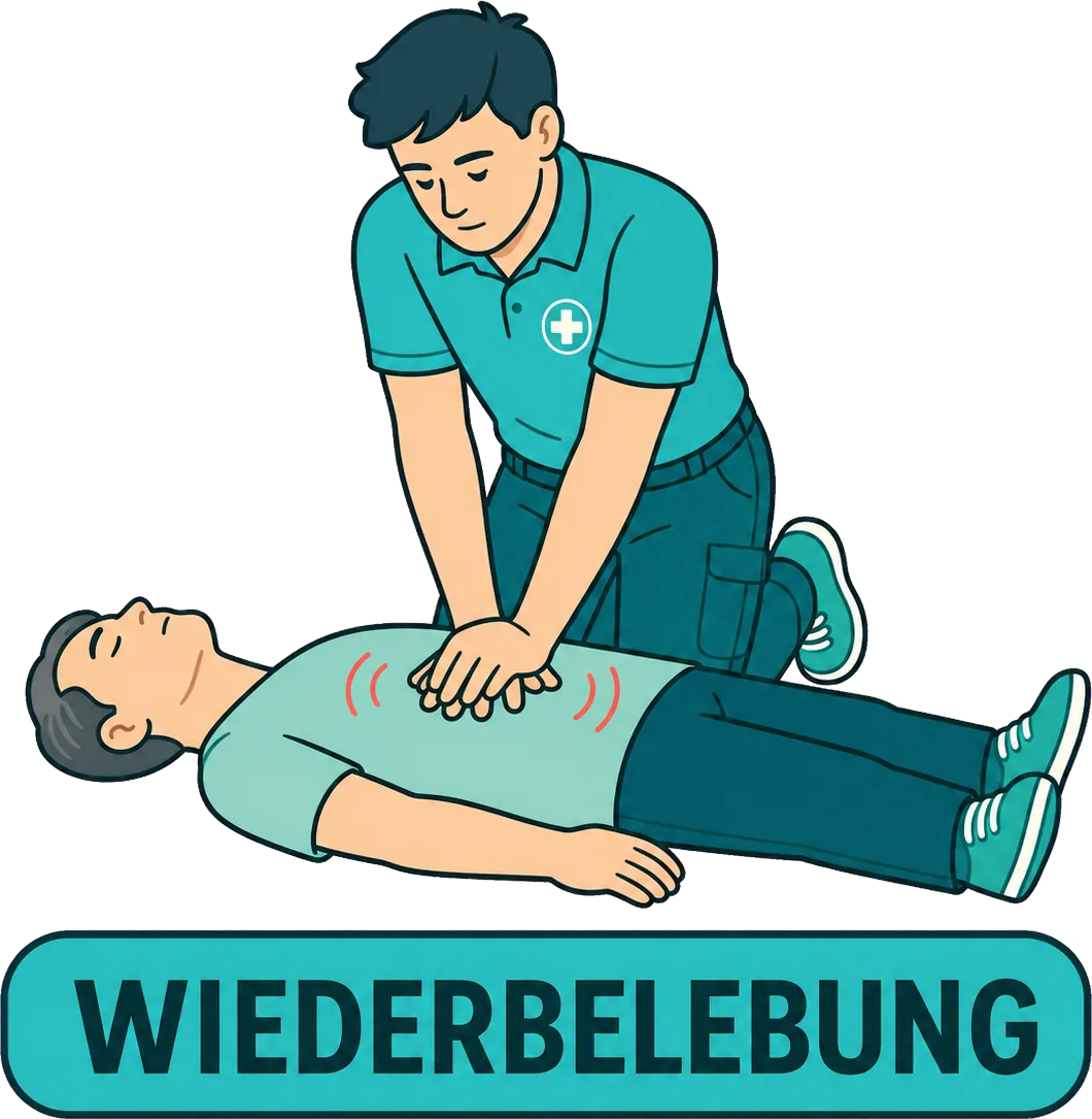 Ersthelfer führt die Herzdruckmassage an einer bewusstlosen Person durch. Bildbeschriftung: Wiederbelebung.